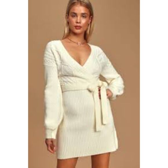 Lulu's Timeless is More White Cable Knit Balloon Sleeve Sweater Dress Size L - Picture 1 of 16